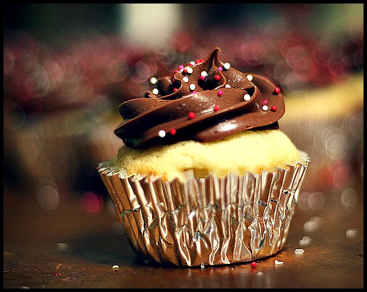 white cupcake with chocolate frosting