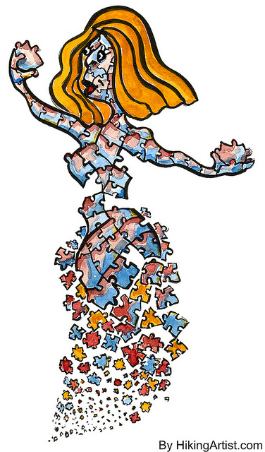 Puzzle Woman: illustration by Frits Ahlefeldt-Laurvig woman made of puzzle pieces