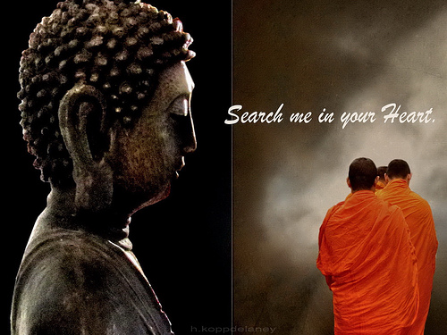 Buddha's Message: photo credit - H. Koppdelaney Buddha in profile, monks walking away