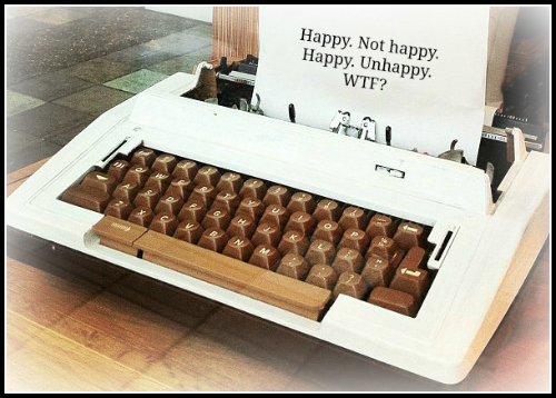 typewriter message reads, "Happy. Not happy." 